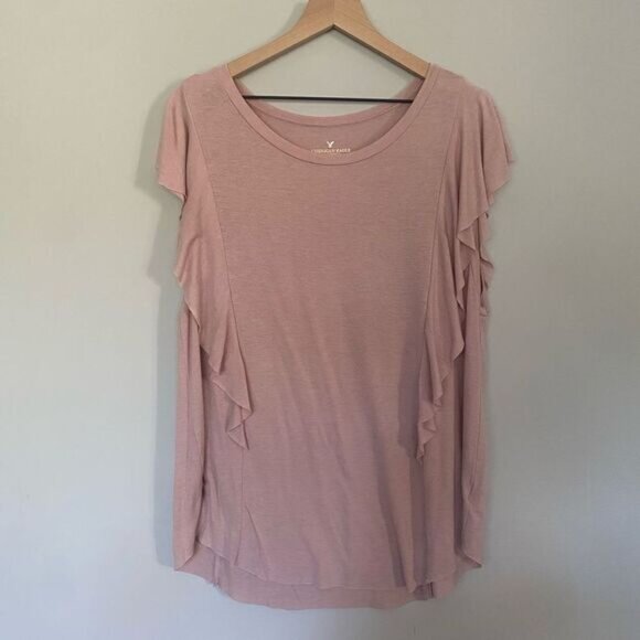 American Eagle Large Light Pink Short Sleeve Shirt Ruffle Top - Picture 1 of 7